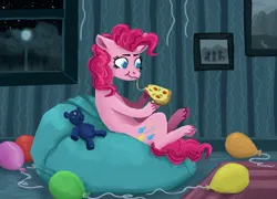 Size: 1500x1080 | Tagged: safe, artist:necromarecy, derpibooru import, pinkie pie, earth pony, pony, g4, balloon, beanbag chair, food, heart eyes, image, jpeg, night, pizza, plushie, solo, teddy bear, window, wingding eyes