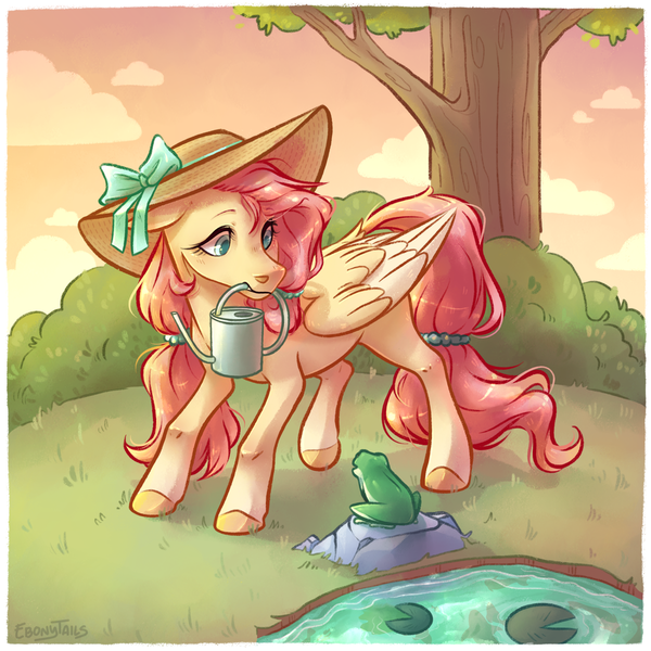 Size: 1744x1744 | Tagged: safe, artist:ebonytails, derpibooru import, fluttershy, frog, pegasus, pony, g4, bow, bush, colored hooves, cottagecore, female, grass, hairband, hat, image, lilypad, looking at someone, looking down, mare, mouth hold, outdoors, png, pond, raised leg, rock, solo, standing, stray strand, sun hat, tail, tail band, three quarter view, tree, turned head, water, watering can, wings