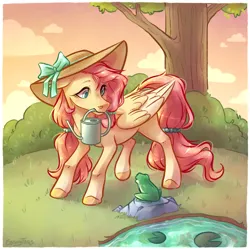 Size: 1744x1744 | Tagged: safe, artist:ebonytails, derpibooru import, fluttershy, frog, pegasus, pony, g4, bow, bush, colored hooves, cottagecore, female, grass, hairband, hat, image, lilypad, looking at someone, looking down, mare, mouth hold, outdoors, png, pond, raised leg, rock, solo, standing, stray strand, sun hat, tail, tail band, three quarter view, tree, turned head, water, watering can, wings