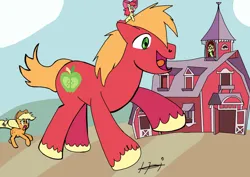 Size: 1280x906 | Tagged: safe, artist:helsaabi, derpibooru import, apple bloom, applejack, big macintosh, granny smith, earth pony, pony, g4, colored hooves, female, giant pony, image, jpeg, macro, male, mare, missing freckles, open mouth, ponies riding ponies, pony hat, really big mac, riding, smiling, stallion, sweet apple acres, unshorn fetlocks