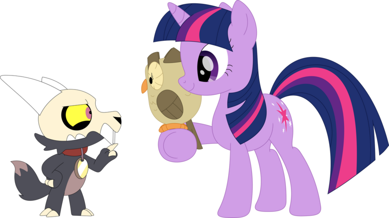 Size: 1195x669 | Tagged: safe, artist:porygon2z, derpibooru import, owlowiscious, twilight sparkle, bird, owl, pony, unicorn, g4, broken horn, collar, crossover, female, horn, image, king clawthorne, male, pet tag, png, show accurate, simple background, skull, the owl house, titan, transparent background, trio, unicorn twilight, vector