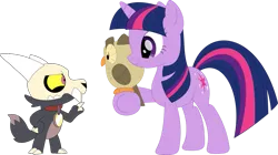 Size: 1195x669 | Tagged: safe, artist:porygon2z, derpibooru import, owlowiscious, twilight sparkle, bird, owl, pony, unicorn, g4, broken horn, collar, crossover, female, horn, image, king clawthorne, male, pet tag, png, show accurate, simple background, skull, the owl house, titan, transparent background, trio, unicorn twilight, vector