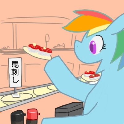 Size: 400x400 | Tagged: safe, artist:kushina13, derpibooru import, rainbow dash, pegasus, pony, g4, cannibalism, conveyor belt, female, food, hoof hold, horse meat, image, japanese, jpeg, mare, meat, moon runes, open mouth, plate, ponies eating meat, restaurant, smiling, solo, sushi