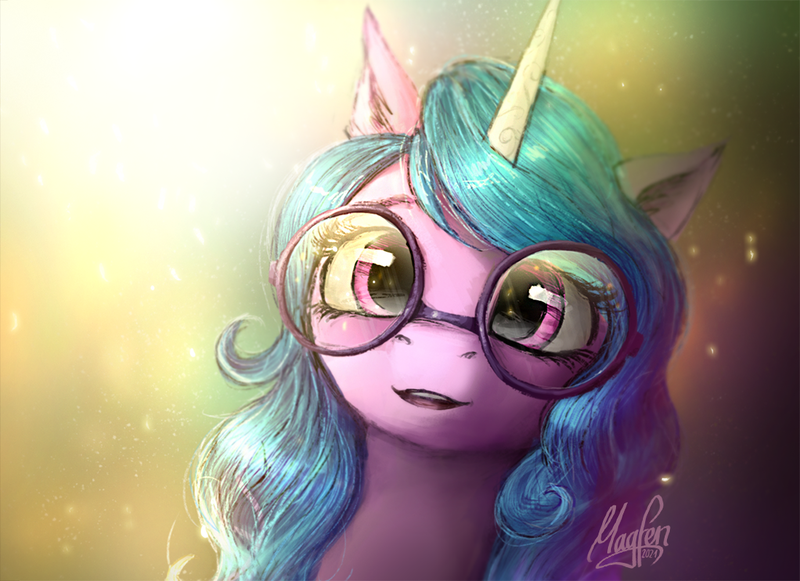 Size: 1100x799 | Tagged: safe, artist:magfen, derpibooru import, izzy moonbow, pony, unicorn, g5, beautiful, bust, cute, female, glasses, image, izzy's crafting glasses, izzybetes, looking at you, mare, open mouth, png, portrait, round glasses, solo