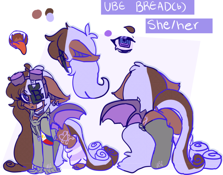 Size: 1839x1447 | Tagged: safe, artist:nyansockz, artist:ube, derpibooru import, oc, oc:ube bread, oc:ube breb, unofficial characters only, bat pony, pony, fangs, goggles, image, league of legends, mouth, paper, png, ponysona, pronouns, reference, reference sheet, simple background, solo, sona, transparent background