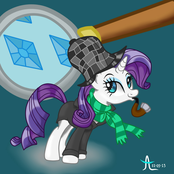 Size: 1000x1000 | Tagged: safe, artist:givemesomebrohoof, derpibooru import, rarity, pony, unicorn, g4, clothes, cutie mark, deerstalker, detective, detective rarity, female, hat, image, jpeg, magnifying glass, mare, pipe, scarf, sherlock, sherlock holmes