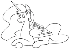 Size: 1030x725 | Tagged: safe, artist:jargon scott, derpibooru import, princess celestia, twilight sparkle, alicorn, pony, unicorn, g4, black and white, crossed hooves, duo, female, filly, grayscale, image, lineart, lying down, mare, missing cutie mark, monochrome, png, prone, simple background, squatpony, twiggie, unicorn twilight, white background