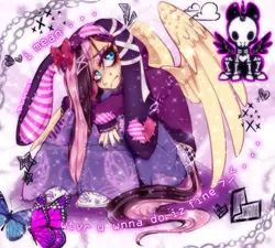 Size: 1518x1368 | Tagged: safe, alternate version, artist:pastelperyton, derpibooru import, fluttershy, anthro, butterfly, insect, pegasus, plantigrade anthro, pony, skeleton pony, g4, abstract background, animal hoodie, bone, clothes, emo, emoshy, eyeshadow, female, frown, hoodie, image, jeans, jpeg, makeup, mare, pants, sitting, skeleton, solo