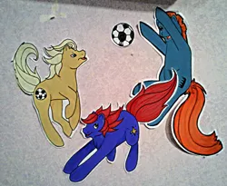 Size: 640x526 | Tagged: safe, artist:mi-star, derpibooru import, ace, lancer, teddy, earth pony, pony, g1, my little pony tales, football, image, jpeg, male, sports, stallion, trio, trio male