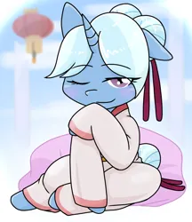 Size: 640x740 | Tagged: safe, artist:batipin, derpibooru import, trixie, pony, unicorn, g4, alternate hairstyle, blushing, clothes, floppy ears, gameloft interpretation, image, imperial alchemist, lantern, looking at you, one eye closed, paper lantern, png, robe, solo