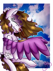 Size: 852x1136 | Tagged: safe, artist:milledpurple, derpibooru import, oc, unofficial characters only, pegasus, pony, blood, cloud, eyes closed, female, image, mare, nosebleed, pegasus oc, png, signature, smiling, wings