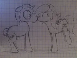 Size: 1000x750 | Tagged: safe, artist:zombietator, derpibooru import, oc, oc:claire, oc:wolfie, unofficial characters only, pegasus, pony, unicorn, duo, eyelashes, eyes closed, female, graph paper, horn, image, jpeg, male, mare, oc x oc, pegasus oc, shipping, smiling, stallion, straight, unicorn oc, wings