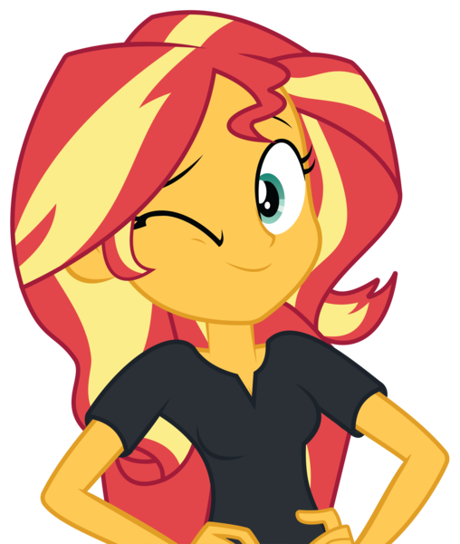 Size: 8751x10332 | Tagged: safe, artist:wissle, derpibooru import, sunset shimmer, equestria girls, equestria girls series, g4, opening night, absurd resolution, breasts, cleavage, director shimmer, female, hand on hip, image, looking at you, my little pony equestria girls: better together, one eye closed, opening night: sunset shimmer, png, simple background, solo, sunset shimmer day, transparent background, vector, wink