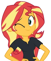 Size: 8751x10332 | Tagged: safe, artist:wissle, derpibooru import, sunset shimmer, equestria girls, equestria girls series, g4, opening night, absurd resolution, breasts, cleavage, director shimmer, female, hand on hip, image, looking at you, my little pony equestria girls: better together, one eye closed, opening night: sunset shimmer, png, simple background, solo, sunset shimmer day, transparent background, vector, wink