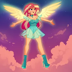 Size: 2000x2000 | Tagged: safe, artist:xjenn9, derpibooru import, sunset shimmer, human, equestria girls, g4, my past is not today, boots, breasts, cleavage, clothes, high heel boots, high res, humanized, image, png, redesign, see-through, see-through skirt, shoes, skirt, solo, sunset phoenix, winged humanization, wings