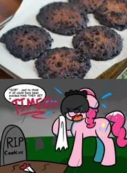 Size: 1024x1389 | Tagged: safe, artist:tranzmuteproductions, derpibooru import, pinkie pie, earth pony, pony, g4, baking, baking judge pinkie, bouquet of flowers, burnt, comic, cookie, crying, dialogue, emanata, eyes closed, female, floppy ears, food, funeral, gravestone, graveyard, handkerchief, image, mare, open mouth, photo, png, rain, rest in peace, sobbing, solo, teary eyes, tissue, veil