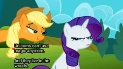 Size: 1024x576 | Tagged: safe, derpibooru import, edit, edited screencap, screencap, applejack, rarity, earth pony, pony, unicorn, g4, g5, the return of harmony, annoyed, appletroll, image, png, shots fired, smug, trolling