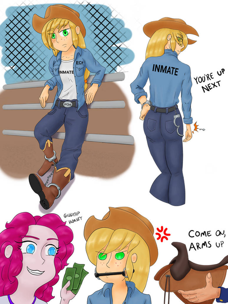 Size: 774x1032 | Tagged: safe, artist:ironjethro, derpibooru import, applejack, pinkie pie, human, equestria girls, g4, ankle cuffs, belt, bit gag, clothes, cross-popping veins, cuffs, gag, grin, image, inmate, jeans, key, money, pants, png, prison outfit, rodeo, saddle, smiling, tack