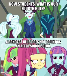 Size: 800x900 | Tagged: suggestive, derpibooru import, edit, edited screencap, screencap, indigo zap, lemon zest, principal abacus cinch, sour sweet, sugarcoat, sunny flare, series:shadowsmuts, equestria girls, g4, caption, female, freckles, image, image macro, implied bondage, jpeg, my little pony equestria girls: friendship games, shadow five, text