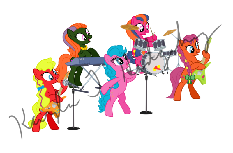 Size: 1024x675 | Tagged: safe, artist:kaylathehedgehog, derpibooru import, aura (character), melody, sweet notes, tuneful, earth pony, pony, g1, g4, base used, bow, cymbal, cymbals, drum kit, drums, drumstick, drumsticks, female, food, g1 to g4, generation leap, guitar, hair bow, image, jewelry, keyboard, mare, meat, microphone, musical instrument, necklace, obtrusive text, piano, png, pretty beat, rockin' beats, simple background, singer, transparent background, vector