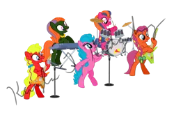 Size: 1024x675 | Tagged: safe, artist:kaylathehedgehog, derpibooru import, aura (character), melody, sweet notes, tuneful, earth pony, pony, g1, g4, base used, bow, cymbal, cymbals, drum kit, drums, drumstick, drumsticks, female, food, g1 to g4, generation leap, guitar, hair bow, image, jewelry, keyboard, mare, meat, microphone, musical instrument, necklace, obtrusive text, piano, png, pretty beat, rockin' beats, simple background, singer, transparent background, vector