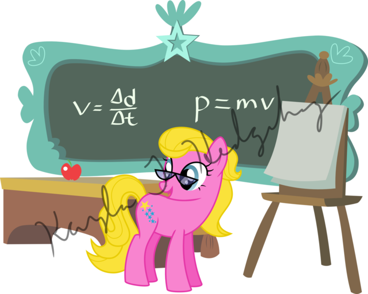 Size: 1024x819 | Tagged: safe, artist:kaylathehedgehog, derpibooru import, starlight (g1), earth pony, pony, g1, g4, my little pony tales, apple, chair, chalkboard, desk, female, food, g1 to g4, generation leap, glasses, image, mare, math, obtrusive text, physics, png, seat, simple background, solo, teacher, transparent background, vector