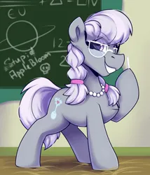 Size: 1500x1750 | Tagged: safe, artist:shadowreindeer, derpibooru import, silver spoon, earth pony, pony, g4, chalkboard, cute, female, filly, glasses, image, jewelry, jpeg, necklace, raised leg, silverbetes, smiling