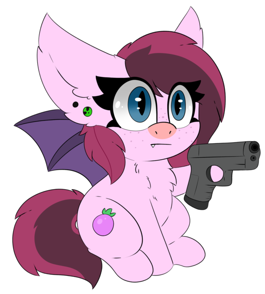 Size: 2438x2708 | Tagged: safe, artist:pegamutt, derpibooru import, oc, oc:bree berry, unofficial characters only, bat pony, pony, bat pony oc, bat wings, delet this, female, gun, high res, image, png, simple background, solo, transparent background, weapon, wings