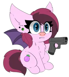 Size: 2438x2708 | Tagged: safe, artist:pegamutt, derpibooru import, oc, oc:bree berry, unofficial characters only, bat pony, pony, bat pony oc, bat wings, delet this, female, gun, high res, image, png, simple background, solo, transparent background, weapon, wings