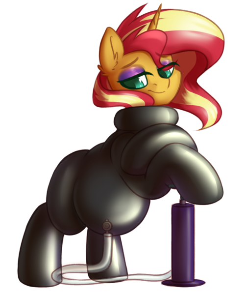 Size: 907x1080 | Tagged: suggestive, artist:latexcut1e, derpibooru import, sunset shimmer, pony, unicorn, g4, air nozzle, air pump, bedroom eyes, blushing, ear fluff, eyebrows, eyebrows visible through hair, eyeshadow, female, hose, image, inflatable suit, inflation, latex, latex suit, looking back, makeup, mare, png, poofsuit, pump, rubber, shiny, simple background, smiling, solo, solo female, transparent background