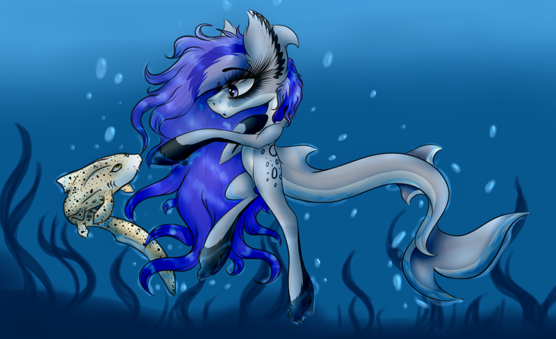 Size: 3797x2317 | Tagged: safe, artist:beamybutt, derpibooru import, oc, unofficial characters only, original species, pony, shark, shark pony, bubble, coral, crepuscular rays, dorsal fin, duo, ear fluff, fin, fish tail, flowing mane, flowing tail, high res, image, ocean, png, seaweed, sunlight, swimming, tail, underwater, water