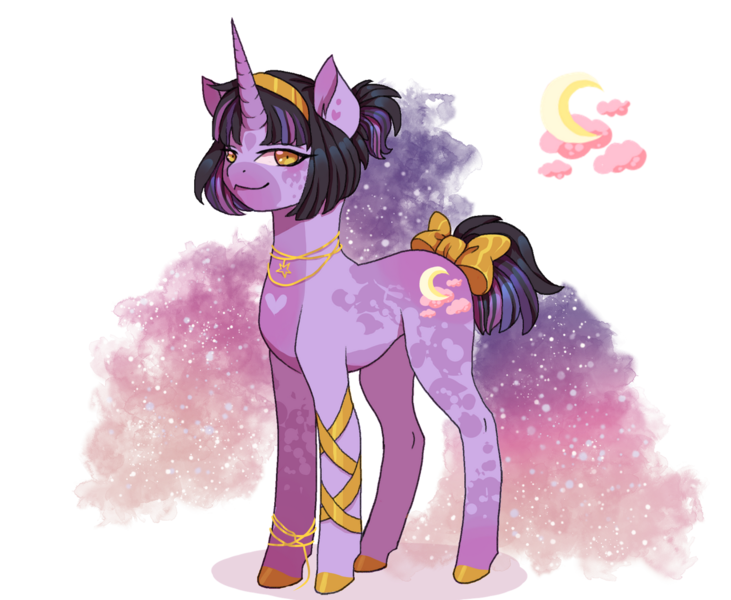 Size: 1280x1051 | Tagged: safe, artist:brot-art, derpibooru import, oc, unofficial characters only, pony, unicorn, bow, coat markings, concave belly, crescent moon, female, hoof polish, horn, image, magical lesbian spawn, mare, moon, offspring, parent:princess amore, parent:princess luna, png, simple background, slender, smiling, solo, stars, tail, tail bow, thin, transparent background, unicorn oc