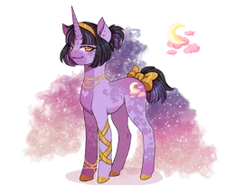 Size: 1280x1051 | Tagged: safe, artist:brot-art, derpibooru import, oc, unofficial characters only, pony, unicorn, bow, coat markings, concave belly, crescent moon, female, hoof polish, horn, image, magical lesbian spawn, mare, moon, offspring, parent:princess amore, parent:princess luna, png, simple background, slender, smiling, solo, stars, tail, tail bow, thin, transparent background, unicorn oc