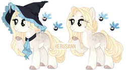 Size: 8000x4444 | Tagged: safe, artist:herusann, derpibooru import, oc, unofficial characters only, earth pony, parasprite, pony, base used, choker, duo, earth pony oc, eye clipping through hair, eyelashes, female, hat, hoof polish, image, mare, png, simple background, smiling, transparent background, witch hat