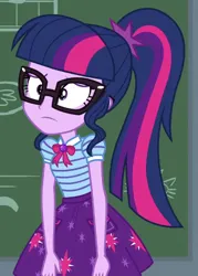 Size: 504x705 | Tagged: safe, derpibooru import, screencap, sci-twi, twilight sparkle, equestria girls, g4, <:|, arms down, chalkboard, clothes, cropped, cutie mark, cutie mark on clothes, disappointed, drat, equestria girls specials, female, geode of telekinesis, glasses, image, jewelry, magical geodes, my little pony equestria girls: better together, my little pony equestria girls: holidays unwrapped, pendant, png, polo shirt, skirt, solo, the cider louse fools