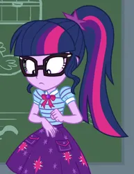 Size: 560x726 | Tagged: safe, derpibooru import, screencap, sci-twi, twilight sparkle, equestria girls, g4, :|, bowtie, clothes, cropped, cutie mark, cutie mark on clothes, equestria girls specials, female, geode of telekinesis, glasses, huh, image, jewelry, looking down, magical geodes, my little pony equestria girls: better together, my little pony equestria girls: holidays unwrapped, pendant, png, polo shirt, ponytail, sci-twi skirt, skirt, solo, the cider louse fools