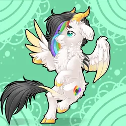 Size: 2834x2834 | Tagged: safe, artist:schokocream, derpibooru import, oc, oc:lightning bliss, unofficial characters only, alicorn, pony, abstract background, chest fluff, cloven hooves, colored wings, female, high res, horns, image, leonine tail, mare, png, solo, tail, two toned wings, wings