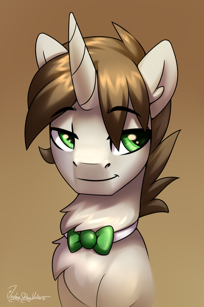 Size: 2000x3000 | Tagged: safe, artist:jedayskayvoker, derpibooru import, oc, oc:coda, unofficial characters only, pony, unicorn, bow, bowtie, bust, cute, eyebrows, eyebrows visible through hair, gradient background, high res, icon, image, male, patreon, patreon reward, png, portrait, solo, stallion