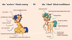 Size: 1280x720 | Tagged: safe, artist:sockiepuppetry, derpibooru import, flash sentry, hitch trailblazer, earth pony, pegasus, pony, g4, g5, my little pony: a new generation, blushing, chad, chest fluff, crying, duo, grin, image, jpeg, male, markings, meme, missing cutie mark, raised hoof, sad, sitting, smiling, stallion, virgin, virgin walk