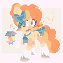 Size: 1500x1500 | Tagged: safe, artist:tsarstvo, derpibooru import, oc, unofficial characters only, earth pony, pony, bow, female, floating heart, food, hair bow, heart, honey, honey wand, image, jar, jpeg, looking at you, mare, solo