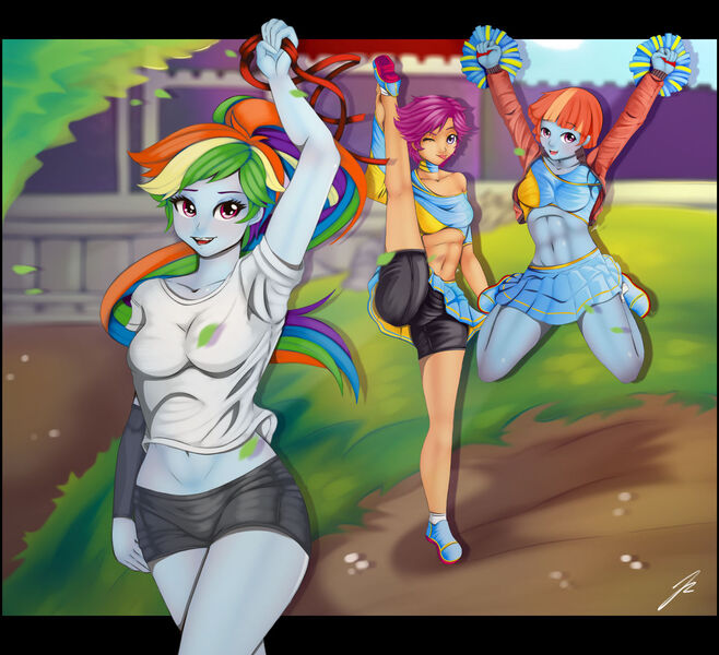 Size: 1280x1167 | Tagged: suggestive, artist:jennobasilicum, derpibooru import, rainbow dash, scootaloo, windy whistles, equestria girls, g4, :p, adopted, adopted offspring, alternate hairstyle, breasts, cheerleader, cheerleader outfit, clothes, commission, equestria girls-ified, female, image, jpeg, milf, mother and child, mother and daughter, older, older scootaloo, one eye closed, pom pom, scootadoption, sexy, shirt, shoes, shorts, siblings, sisters, sneakers, socks, sports shorts, stupid sexy rainbow dash, t-shirt, tanktop, tongue out, trio, trio female, wink