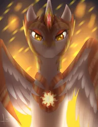 Size: 857x1116 | Tagged: safe, artist:bluediamondoficial01, derpibooru import, daybreaker, alicorn, pony, g4, armor, colored pupils, digital art, feather, female, fire, gem, helmet, horn, image, jewelry, looking at you, night, png, signature, simple background, smiling, solo, wing armor, wings, yellow eyes