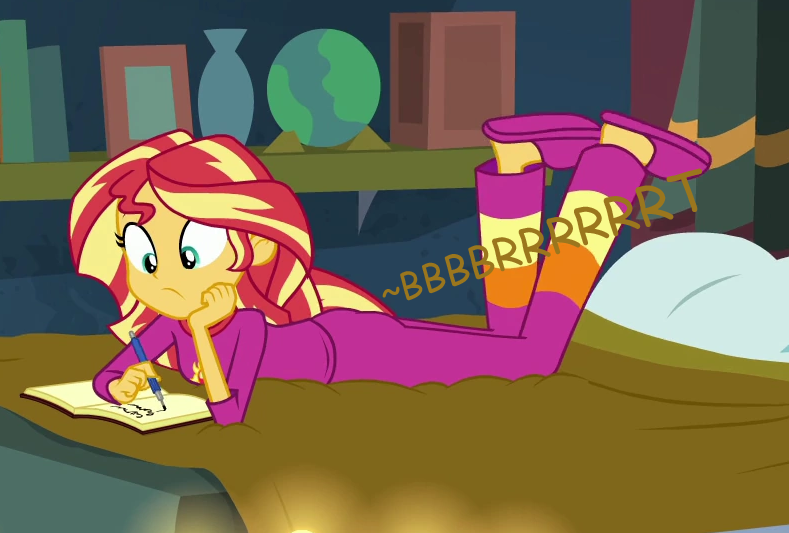 Size: 789x533 | Tagged: suggestive, derpibooru import, edit, edited screencap, editor:thedarkpony, screencap, sunset shimmer, equestria girls, g4, accident, ass, bed, bunset shimmer, butt, clothes, cropped, equestria girls specials, fart, fart noise, female, fetish, image, implied messing, implied pooping, implied scat, my little pony equestria girls: better together, my little pony equestria girls: forgotten friendship, onomatopoeia, pajamas, panties, pantypoop, png, scat, sound effects, underwear