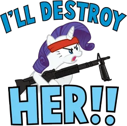 Size: 10000x9912 | Tagged: safe, artist:sirhcx, derpibooru import, rarity, pony, unicorn, g4, absurd resolution, angry, bipedal, crossover, female, gun, headband, holding, i'll destroy her, image, m60, machine gun, mare, open mouth, png, quote, rambo, simple background, solo, transparent background, weapon