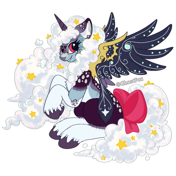 Size: 1500x1500 | Tagged: safe, artist:ghostfox, derpibooru import, oc, unofficial characters only, alicorn, original species, pony, alicorn oc, celestial, cloud, cute, female, fluffy, fluffy hair, fluffy tail, hooves, horn, image, magic, png, simple background, solo, tail, timid, transparent background, tsundere, wings