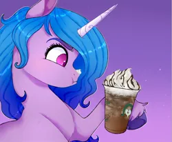 Size: 960x791 | Tagged: safe, artist:woollyart, derpibooru import, izzy moonbow, pony, unicorn, g5, my little pony: a new generation, bust, coffee cup, colored pupils, cup, cute, female, food, frappuccino, gradient background, hoof hold, image, izzybetes, jpeg, looking at something, mare, profile, puffy cheeks, raised hoof, solo, unshorn fetlocks, whipped cream