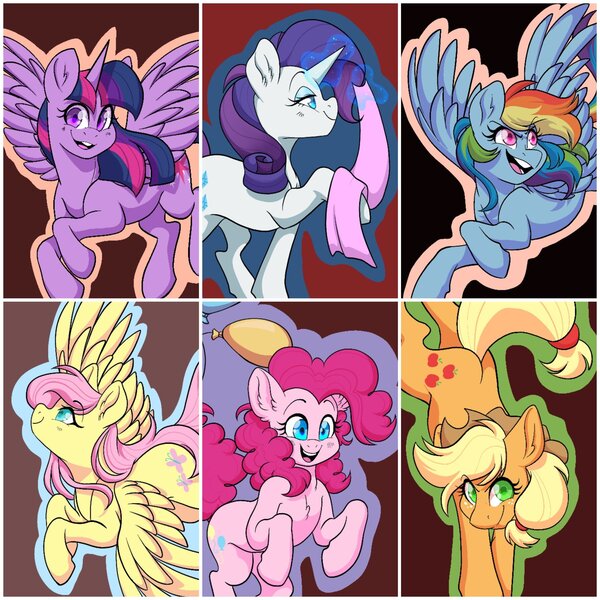 Size: 2048x2048 | Tagged: safe, artist:twisted-sketch, derpibooru import, applejack, fluttershy, pinkie pie, rainbow dash, rarity, twilight sparkle, twilight sparkle (alicorn), alicorn, earth pony, pegasus, pony, unicorn, g4, balloon, chest fluff, colored pupils, ear fluff, eye clipping through hair, eyebrows, eyebrows visible through hair, fabric, female, high res, image, jpeg, looking at you, magic, mane six, mare, open mouth, smiling, smiling at you, spread wings, telekinesis, wings