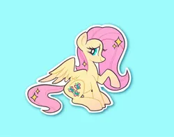 Size: 2048x1616 | Tagged: safe, artist:squididdlee, derpibooru import, fluttershy, pegasus, pony, g4, aside glance, blue background, blushing, cute, daaaaaaaaaaaw, female, image, jpeg, looking at you, mare, outline, profile, raised hoof, shyabetes, sideways glance, simple background, sitting, smiling, solo, sparkles, sparkling mane, spread wings, teal background, white outline, wings