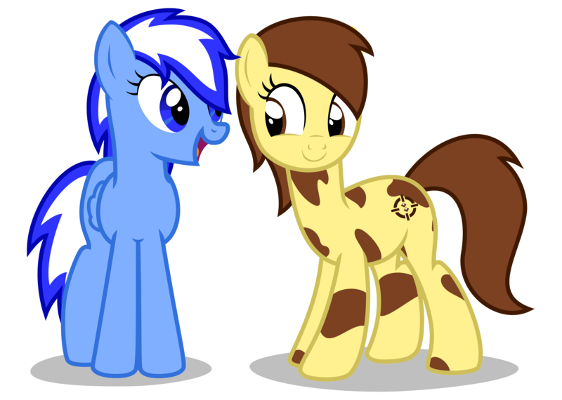 Size: 4000x2850 | Tagged: safe, alternate version, artist:strategypony, derpibooru import, oc, oc:sandy sweet, oc:sirius, unofficial characters only, earth pony, pegasus, pony, derpibooru community collaboration, 2022 community collab, blue eyes, brown eyes, brown mane, brown tail, duo, duo female, earth pony oc, eye contact, female, folded wings, full body, high res, image, looking at each other, mare, mottled coat, open mouth, open smile, pegasus oc, png, shadow, show accurate, simple background, smiling, standing, tail, transparent background, two toned mane, two toned tail, wings