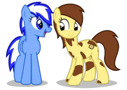 Size: 4000x2850 | Tagged: safe, alternate version, artist:strategypony, derpibooru import, oc, oc:sandy sweet, oc:sirius, unofficial characters only, earth pony, pegasus, pony, derpibooru community collaboration, 2022 community collab, blue eyes, brown eyes, brown mane, brown tail, duo, duo female, earth pony oc, eye contact, female, folded wings, full body, high res, image, looking at each other, mare, mottled coat, open mouth, open smile, pegasus oc, png, shadow, show accurate, simple background, smiling, standing, tail, transparent background, two toned mane, two toned tail, wings